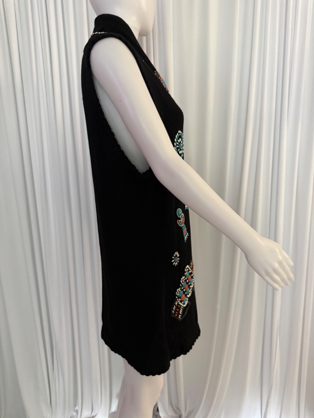 Victoria Jones Beaded Southwestern Sweater Vest Tunic Black Medium Boho Western - Picture 3 of 16
